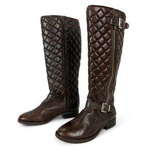 Vince Camuto Frederica Quilted Leather Knee-High Riding Boots Brown Gold Buckle